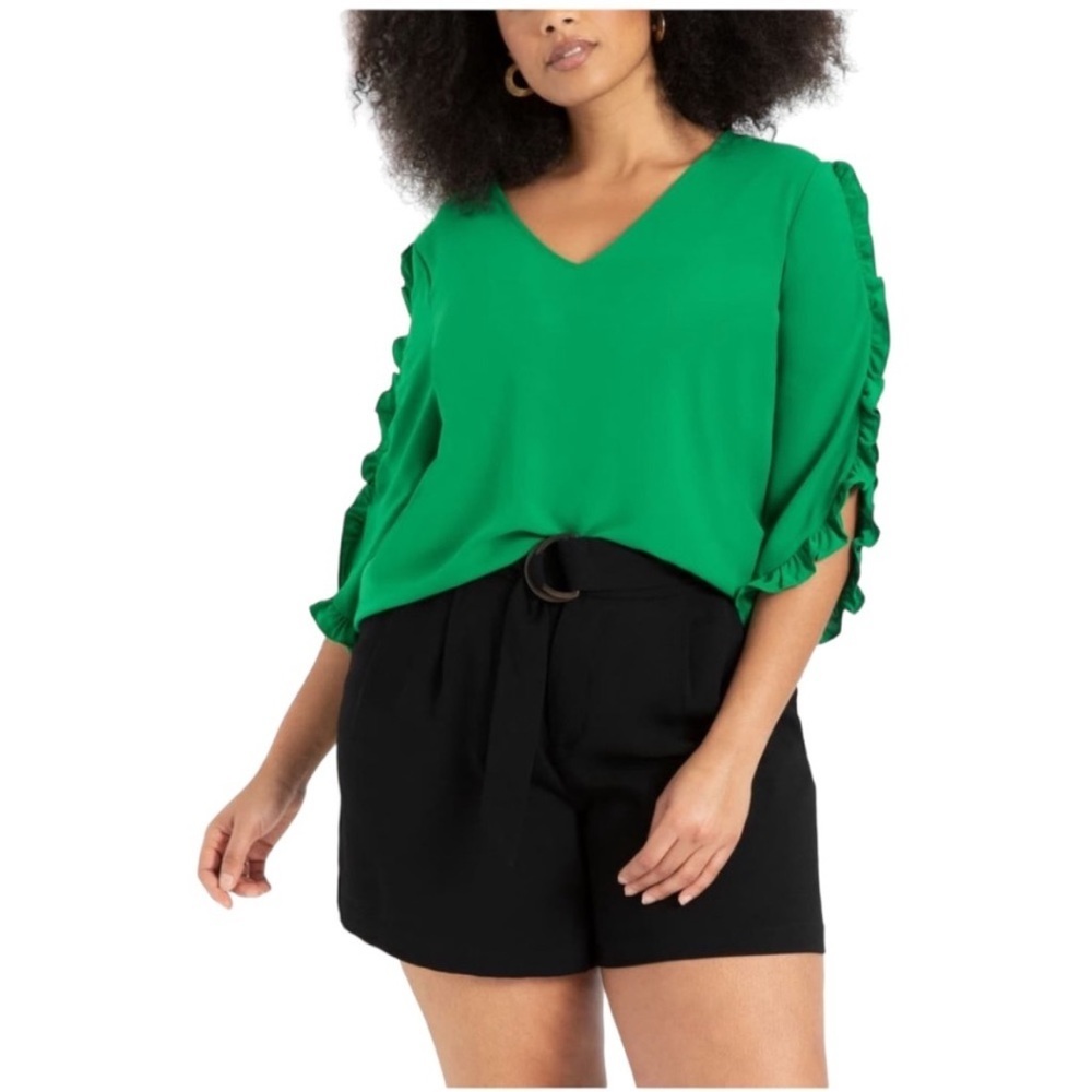 NWT ❤️ ELOQUII - Green Ruffle Tulip Sleeve Top Blouse - 14